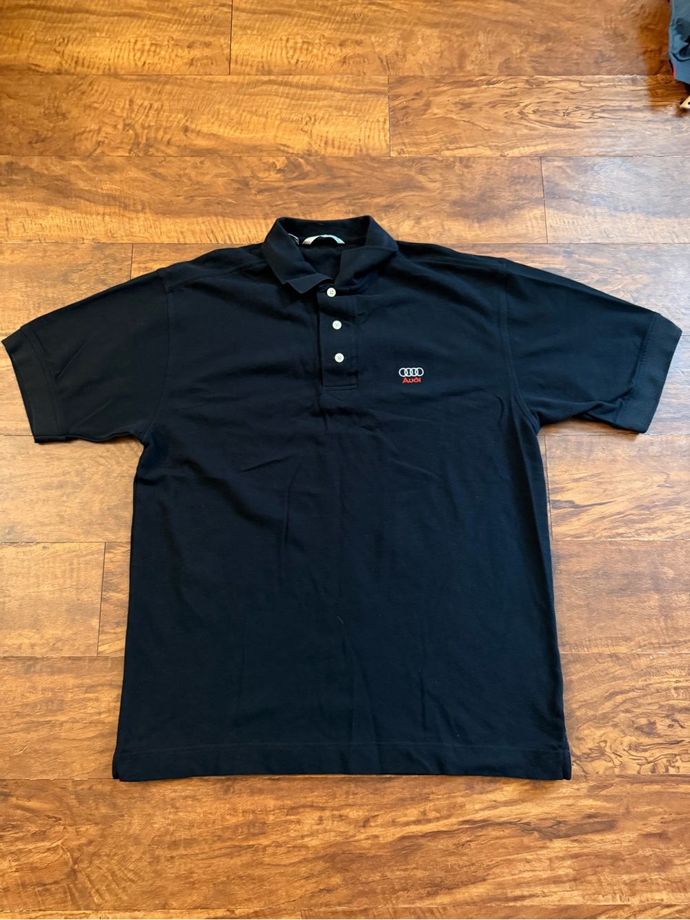 Audi Polo Shirt Mens SzL Black Solid Embroidered Rings Logo Driving